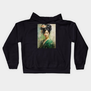 Japanese Girl in Green With Flowers in Her Hair Kids Hoodie